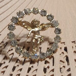 Vintage Gold Angel Brooch with Silver Gems